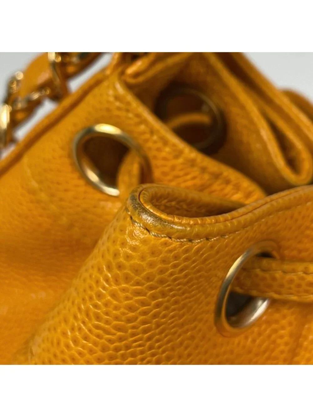 Chanel Shoulder Bag Triple CC Logo Drawstring Caviar Leather Yellow